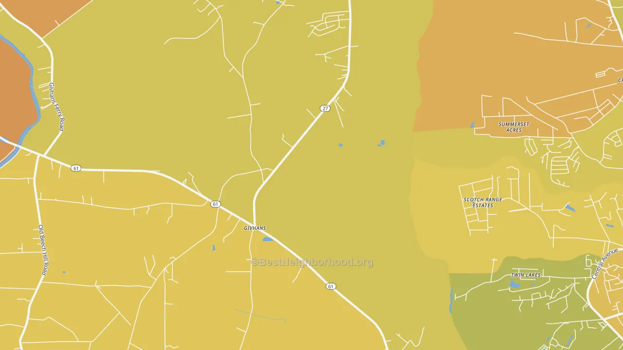 Map of the best neighborhoods in the Givhans area, with better matches in green and worse matches in red