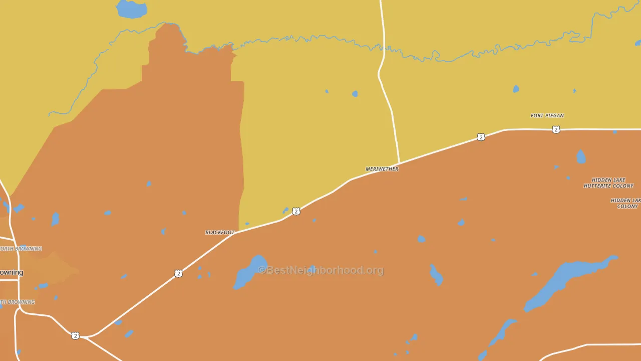 Map of the best neighborhoods in the Glacier County area, with better matches in green and worse matches in red