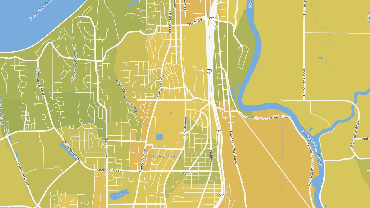 Map of the best neighborhoods in the Glacier View, Everett area, with better matches in green and worse matches in red