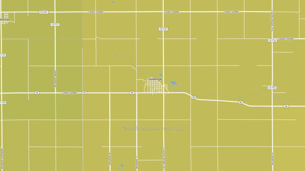 Map of the best neighborhoods in the Gladbrook area, with better matches in green and worse matches in red