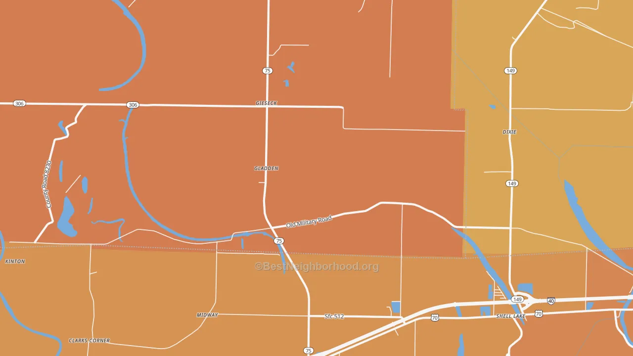 Map of the best neighborhoods in the Gladden area, with better matches in green and worse matches in red