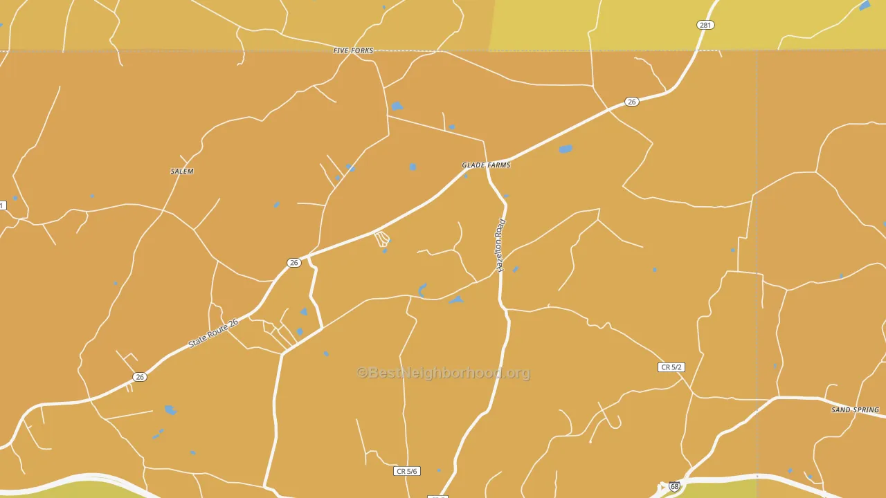Map of the best neighborhoods in the Glade Farms area, with better matches in green and worse matches in red
