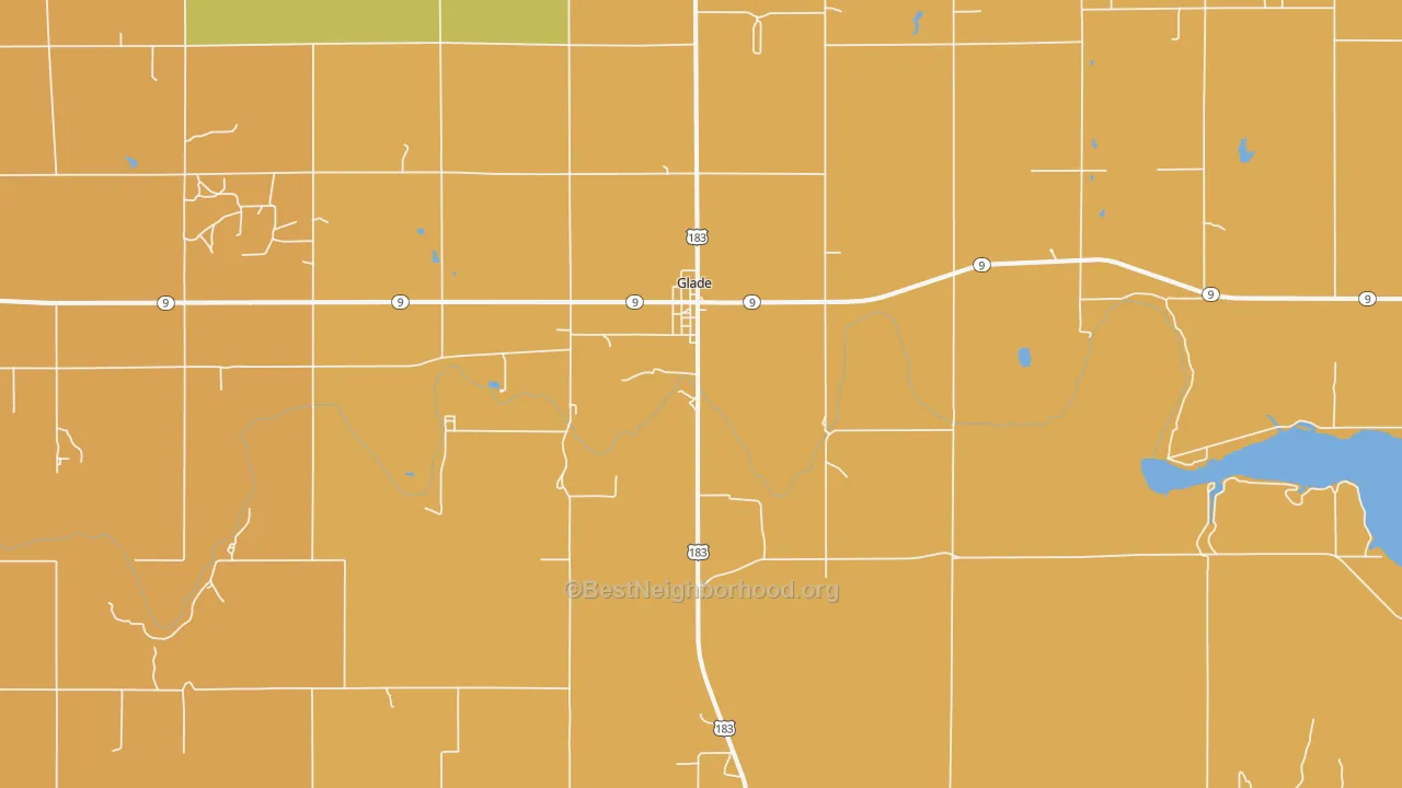 Map of the best neighborhoods in the Glade area, with better matches in green and worse matches in red