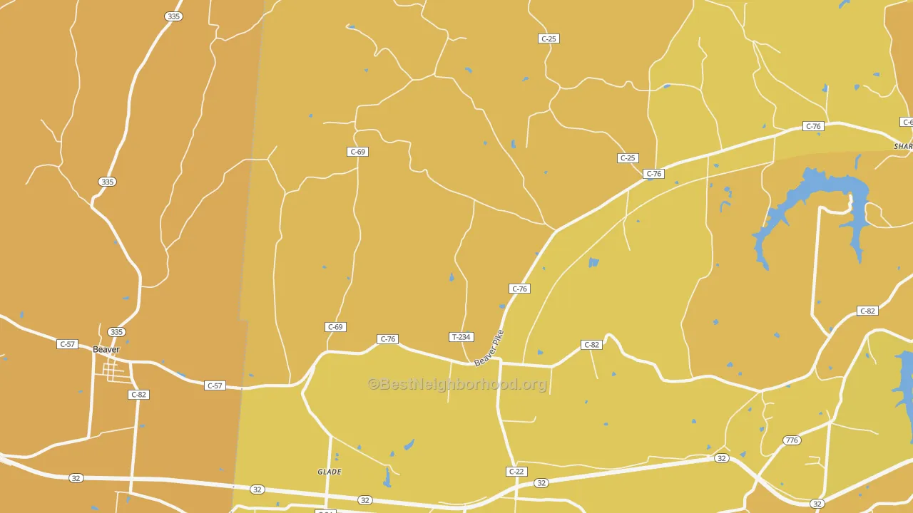 Map of the best neighborhoods in the Glade area, with better matches in green and worse matches in red