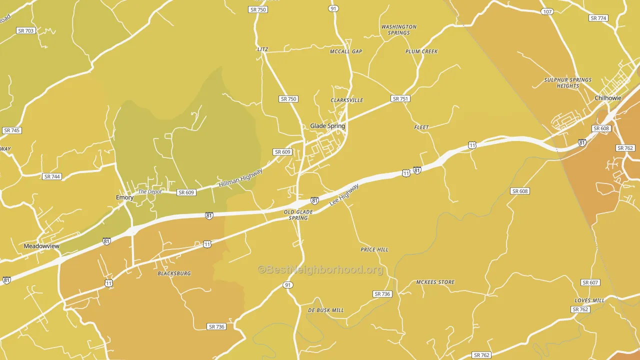 Map of the best neighborhoods in the Glade Spring area, with better matches in green and worse matches in red