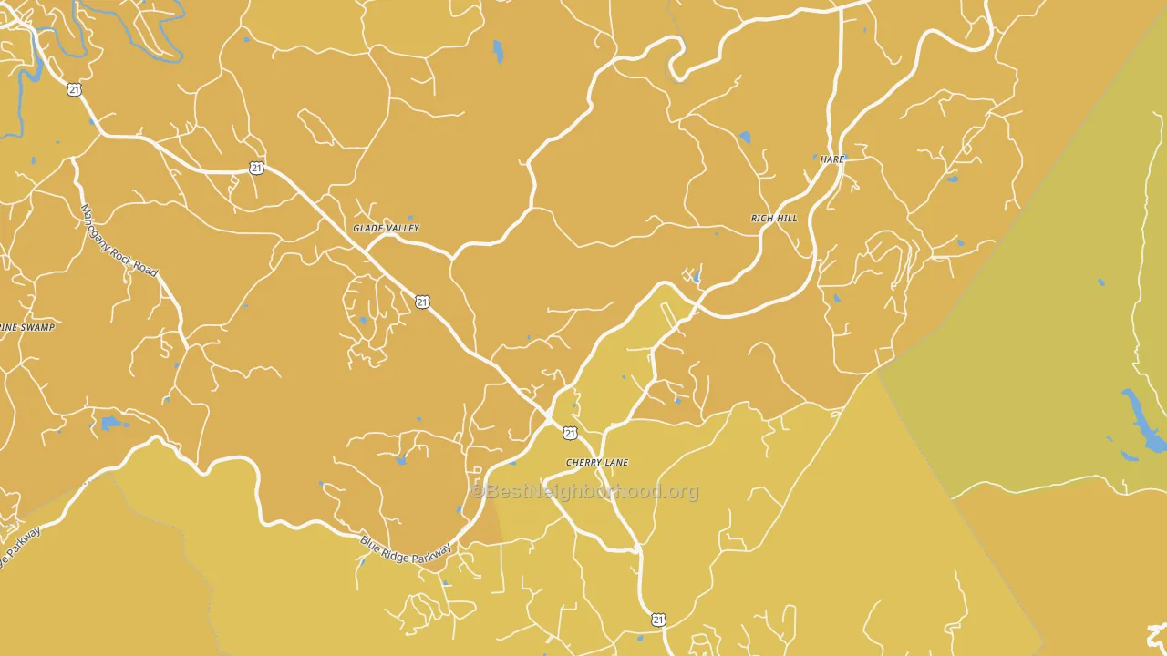 Map of the best neighborhoods in the Glade Valley area, with better matches in green and worse matches in red