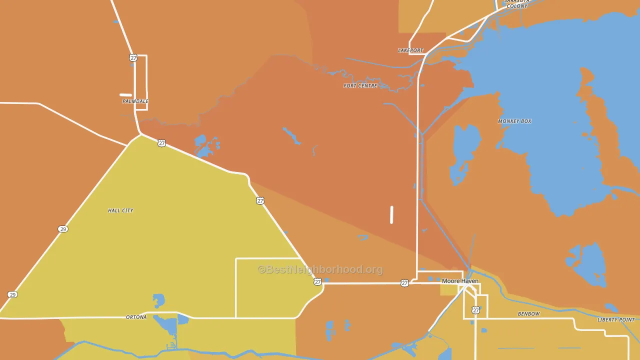 Map of the best neighborhoods in the Glades County area, with better matches in green and worse matches in red