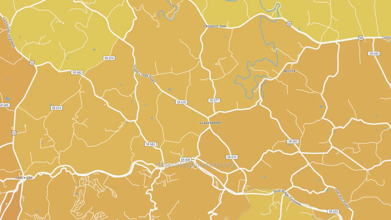 Map of the best neighborhoods in the Gladesboro area, with better matches in green and worse matches in red