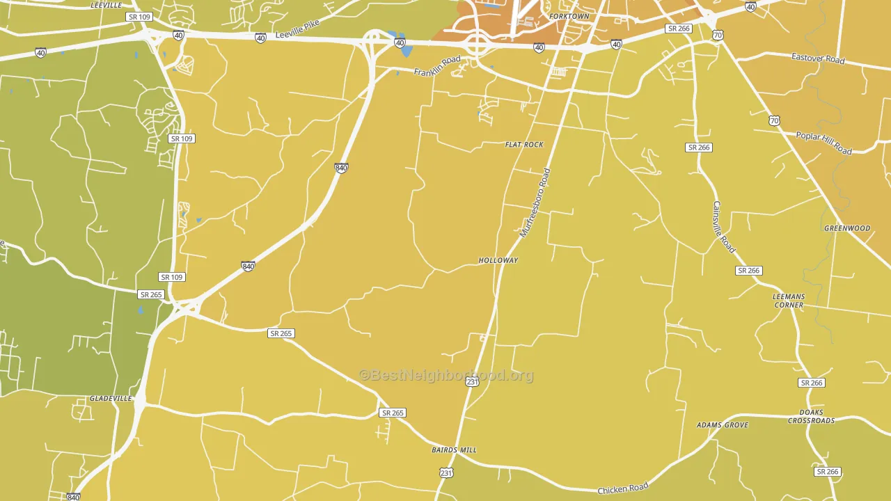 Map of the best neighborhoods in the Gladeville area, with better matches in green and worse matches in red