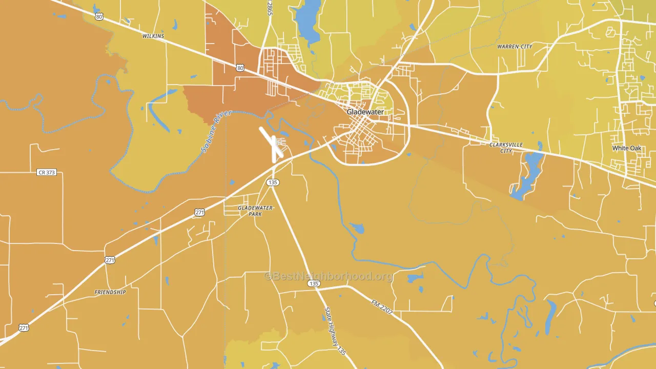 Map of the best neighborhoods in the Gladewater area, with better matches in green and worse matches in red