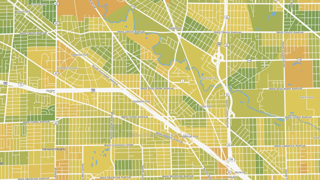Map of the best neighborhoods in the Gladstone, Chicago area, with better matches in green and worse matches in red