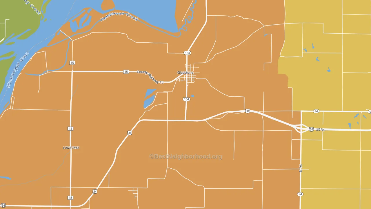 Map of the best neighborhoods in the Gladstone area, with better matches in green and worse matches in red