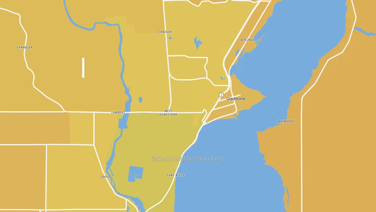 Map of the best neighborhoods in the Gladstone area, with better matches in green and worse matches in red