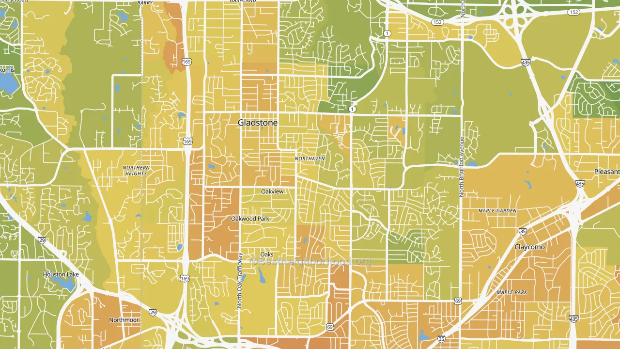 Map of the best neighborhoods in the Gladstone area, with better matches in green and worse matches in red