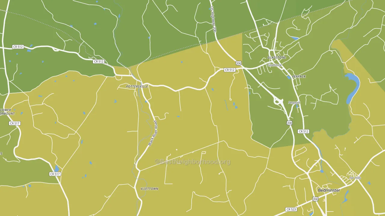 Map of the best neighborhoods in the Gladstone area, with better matches in green and worse matches in red