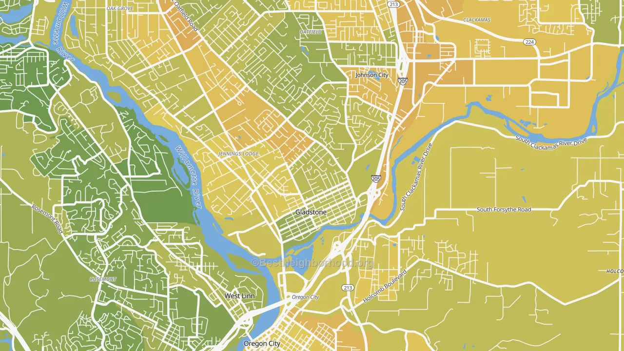Map of the best neighborhoods in the Gladstone area, with better matches in green and worse matches in red