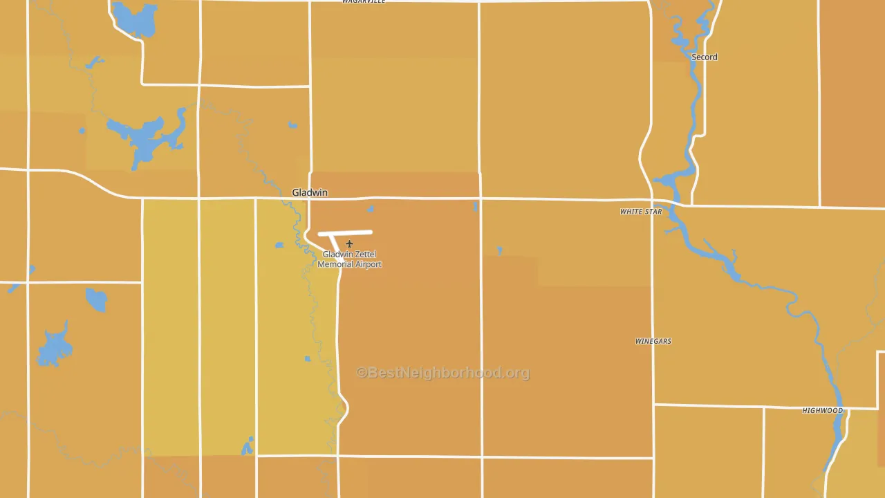 Map of the best neighborhoods in the Gladwin County area, with better matches in green and worse matches in red