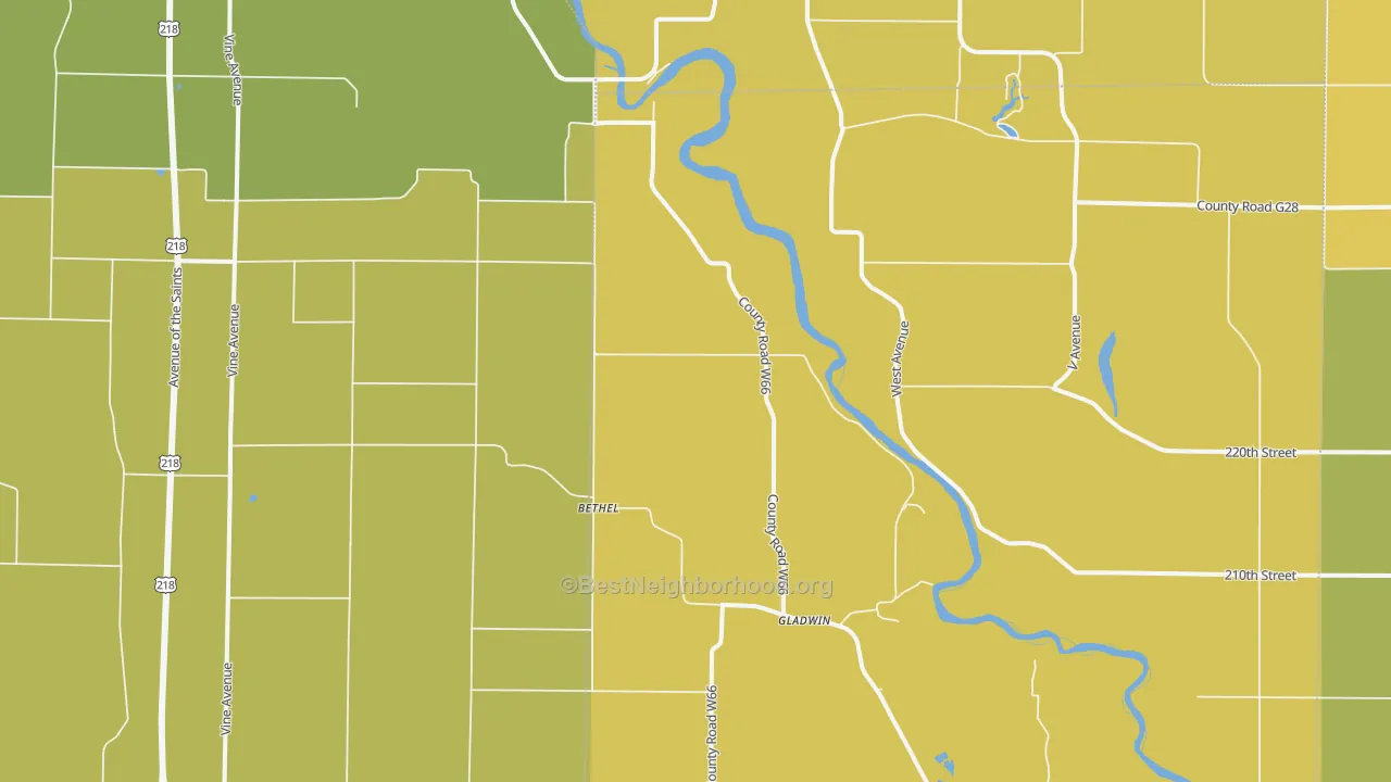 Map of the best neighborhoods in the Gladwin area, with better matches in green and worse matches in red