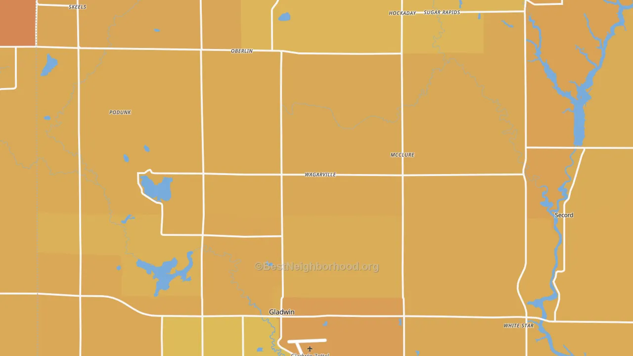 Map of the best neighborhoods in the Gladwin area, with better matches in green and worse matches in red