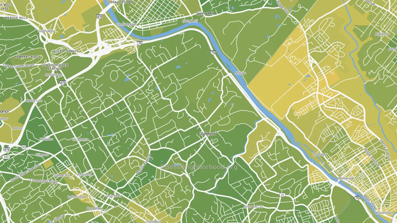 Map of the best neighborhoods in the Gladwyne area, with better matches in green and worse matches in red