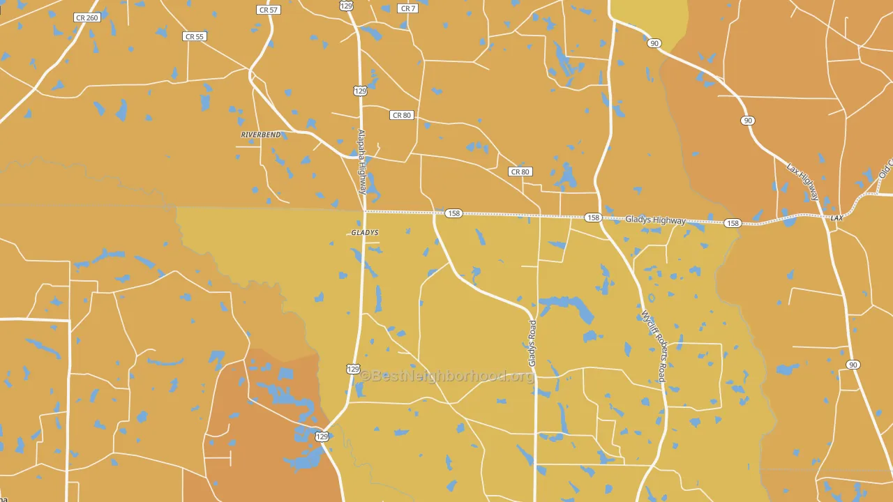 Map of the best neighborhoods in the Gladys area, with better matches in green and worse matches in red
