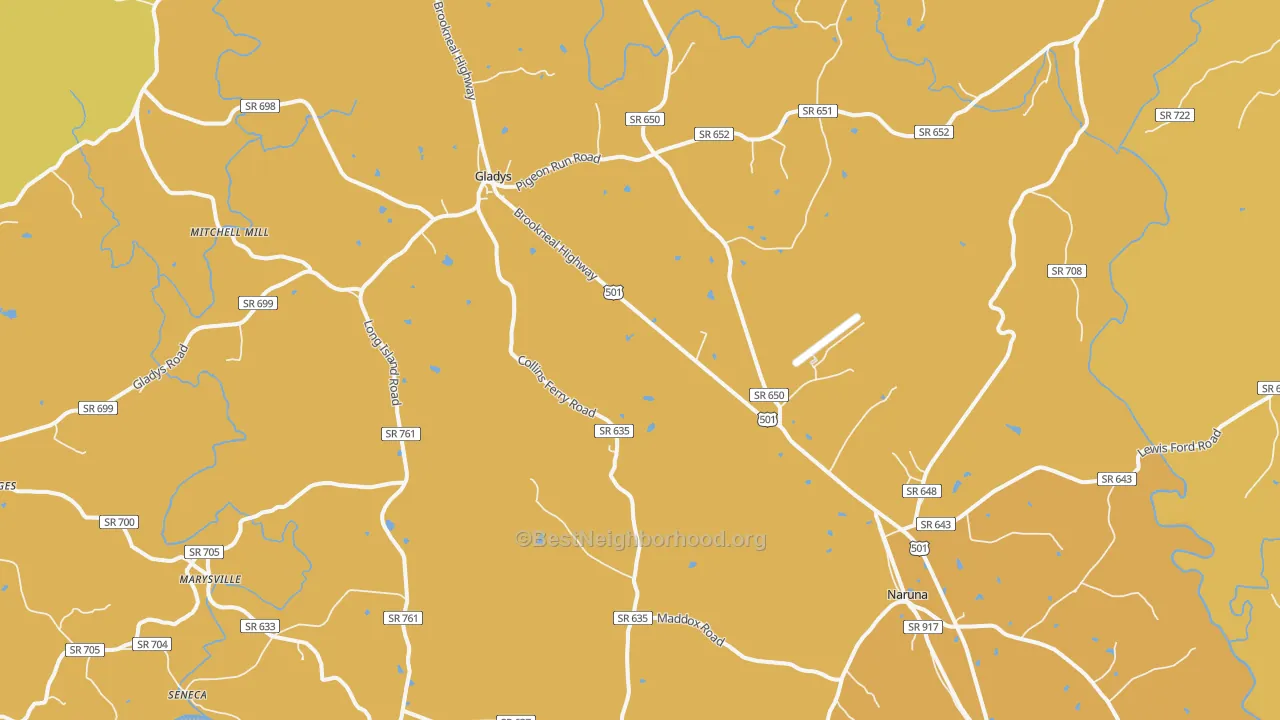 Map of the best neighborhoods in the Gladys area, with better matches in green and worse matches in red