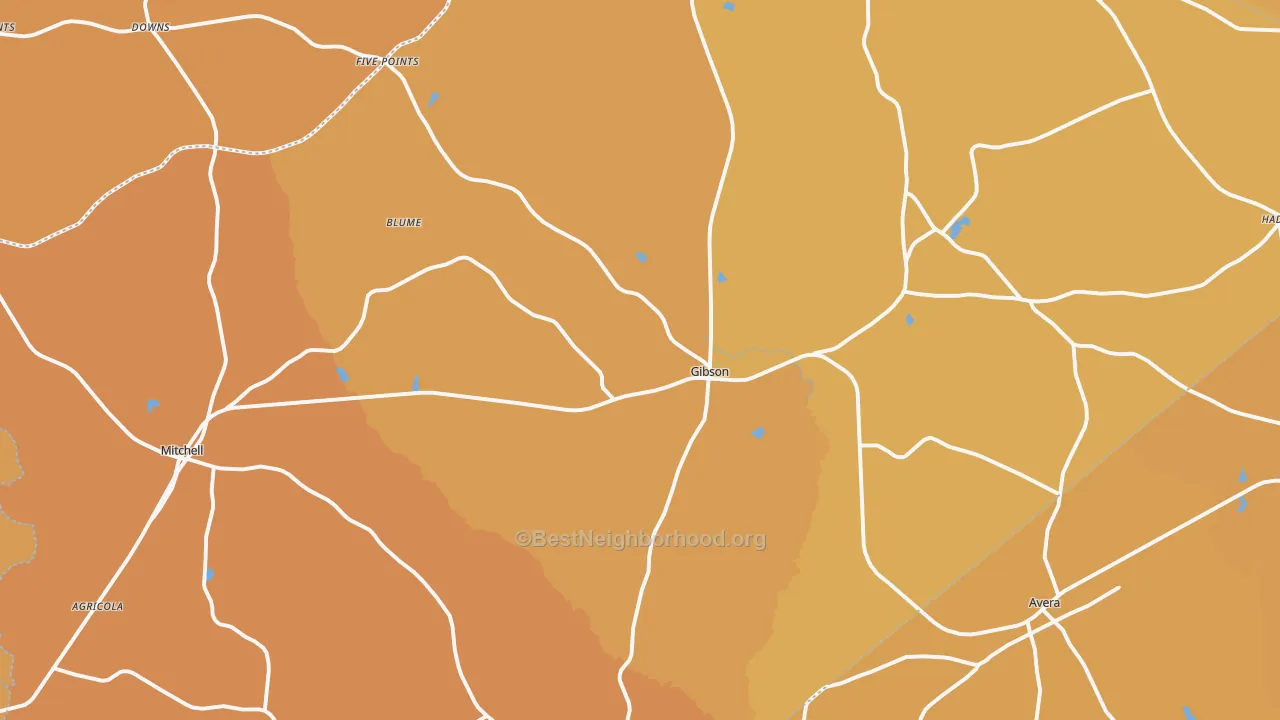 Map of the best neighborhoods in the Glascock County area, with better matches in green and worse matches in red