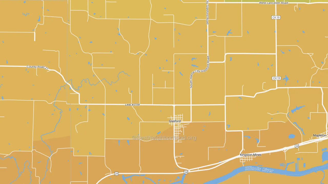 Map of the best neighborhoods in the Glasford area, with better matches in green and worse matches in red