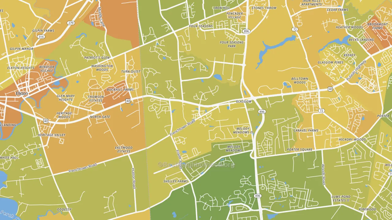 Map of the best neighborhoods in the Glasgow area, with better matches in green and worse matches in red