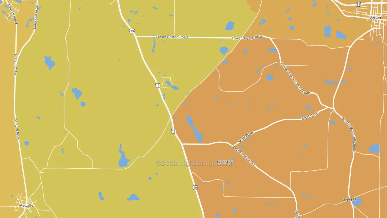Map of the best neighborhoods in the Glasgow area, with better matches in green and worse matches in red