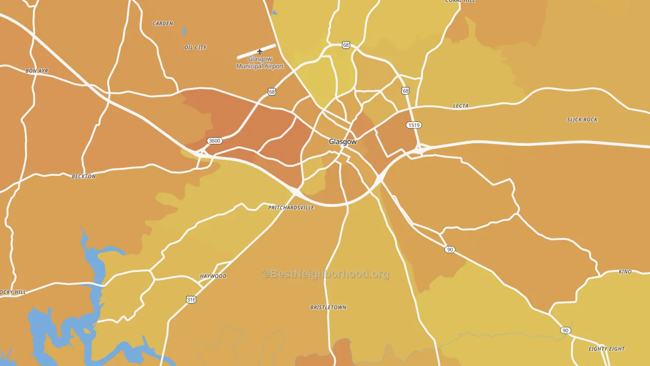 Map of the best neighborhoods in the Glasgow area, with better matches in green and worse matches in red