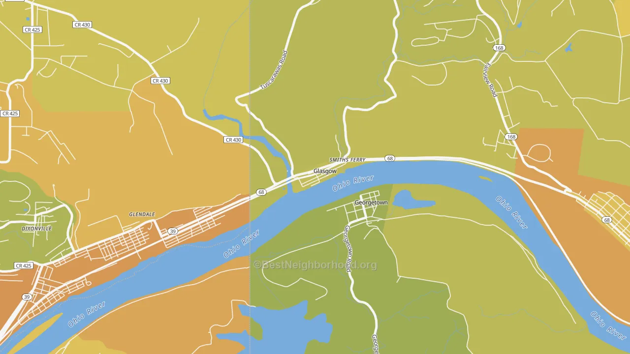 Map of the best neighborhoods in the Glasgow area, with better matches in green and worse matches in red