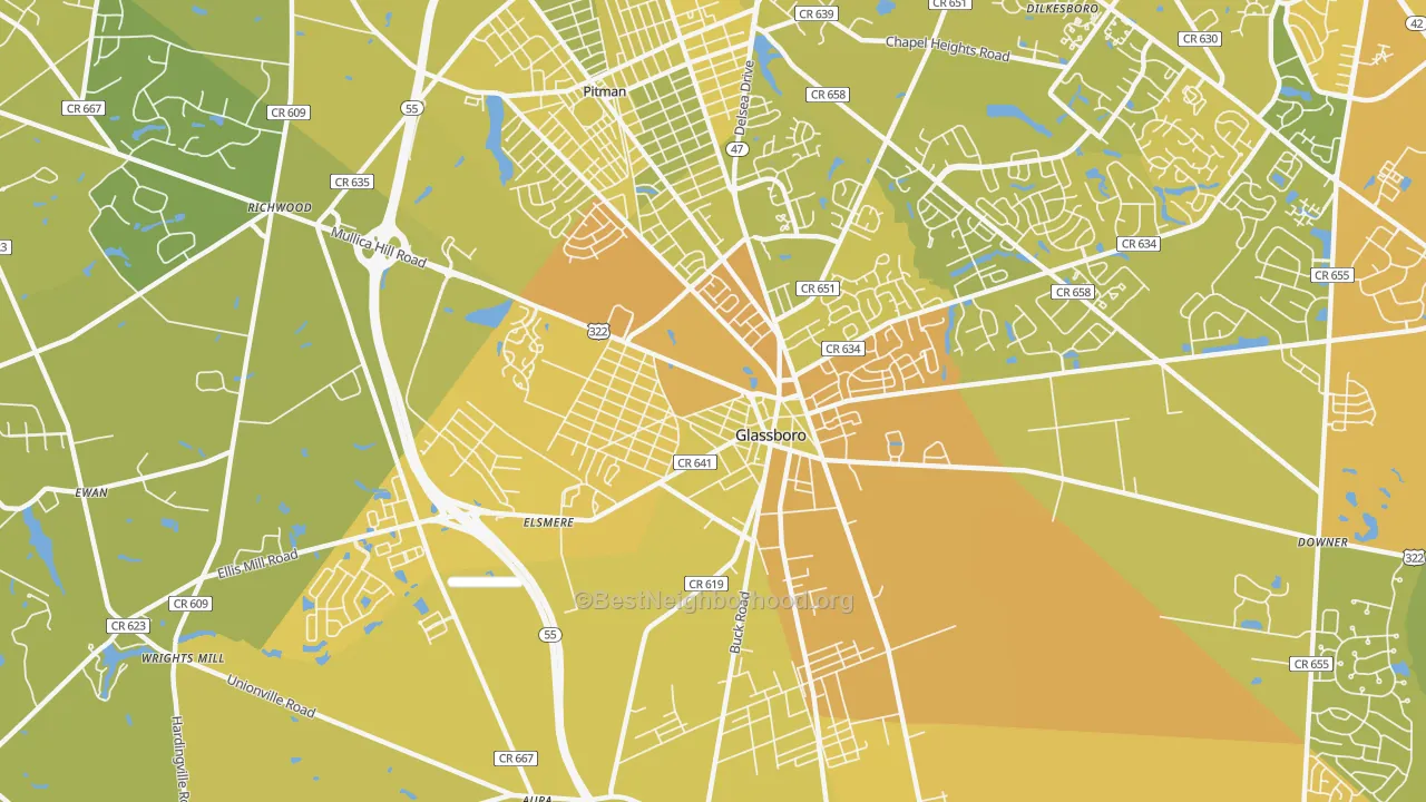 Map of the best neighborhoods in the Glassboro area, with better matches in green and worse matches in red