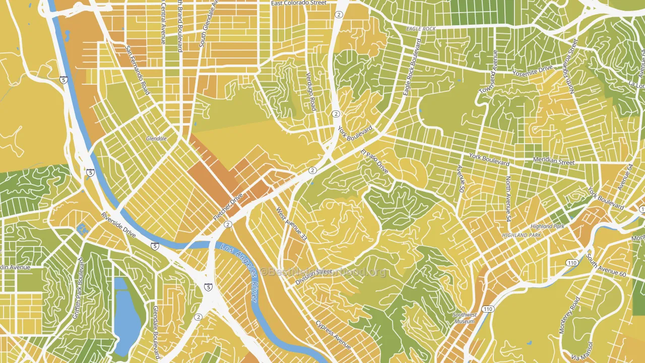 Map of the best neighborhoods in the Glassell Park, Los Angeles area, with better matches in green and worse matches in red