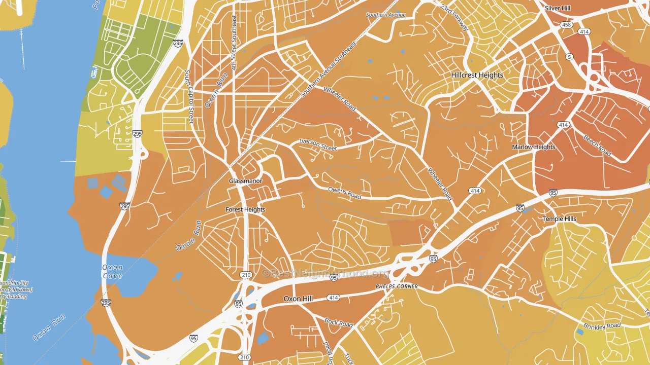 Map of the best neighborhoods in the Glassmanor area, with better matches in green and worse matches in red