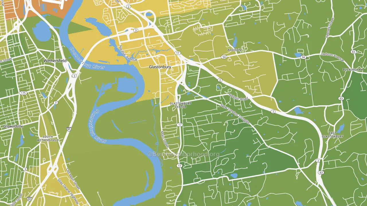 Map of the best neighborhoods in the Glastonbury Center area, with better matches in green and worse matches in red