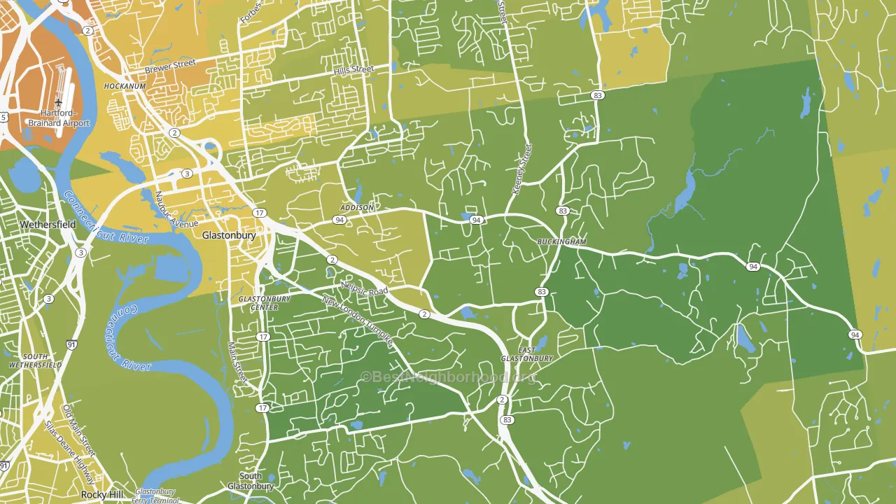 Map of the best neighborhoods in the Glastonbury area, with better matches in green and worse matches in red