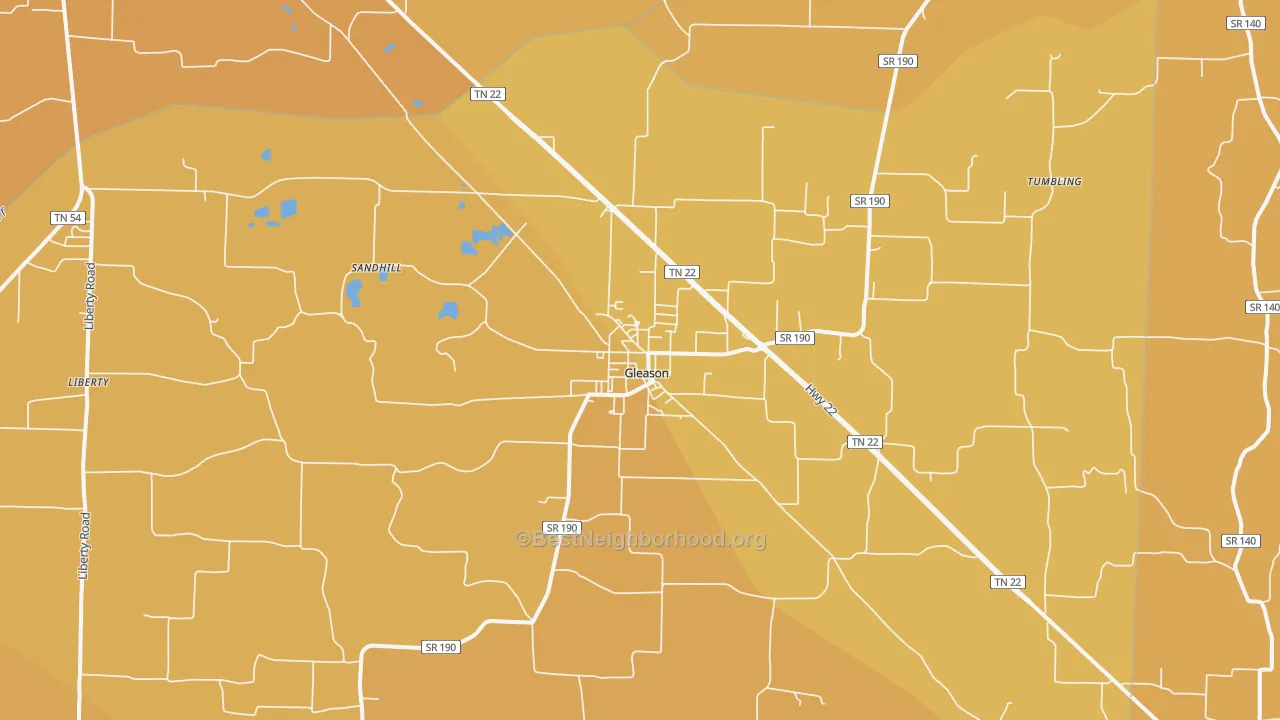 Map of the best neighborhoods in the Gleason area, with better matches in green and worse matches in red