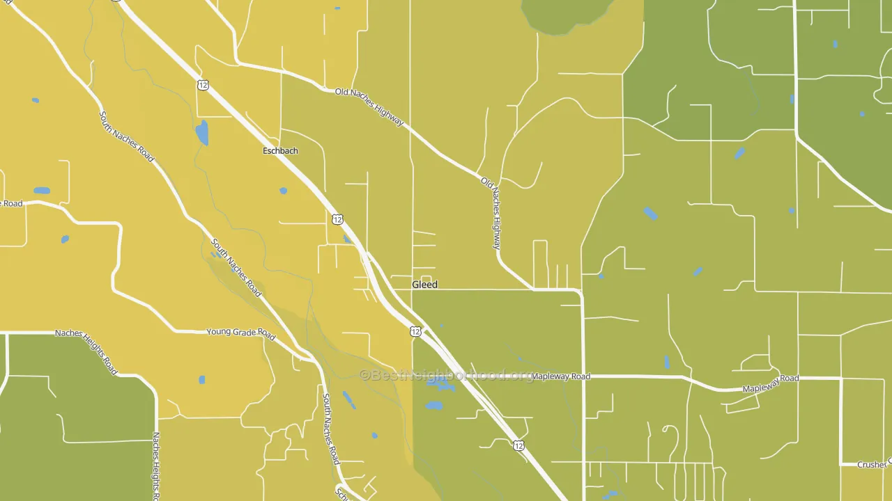 Map of the best neighborhoods in the Gleed area, with better matches in green and worse matches in red