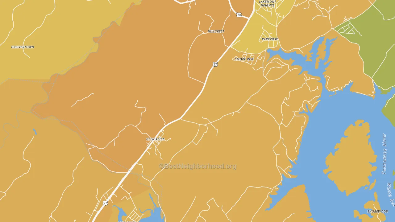 Map of the best neighborhoods in the Glen Alice area, with better matches in green and worse matches in red