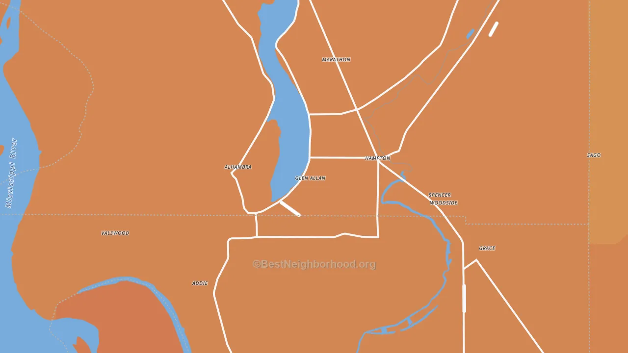 Map of the best neighborhoods in the Glen Allan area, with better matches in green and worse matches in red