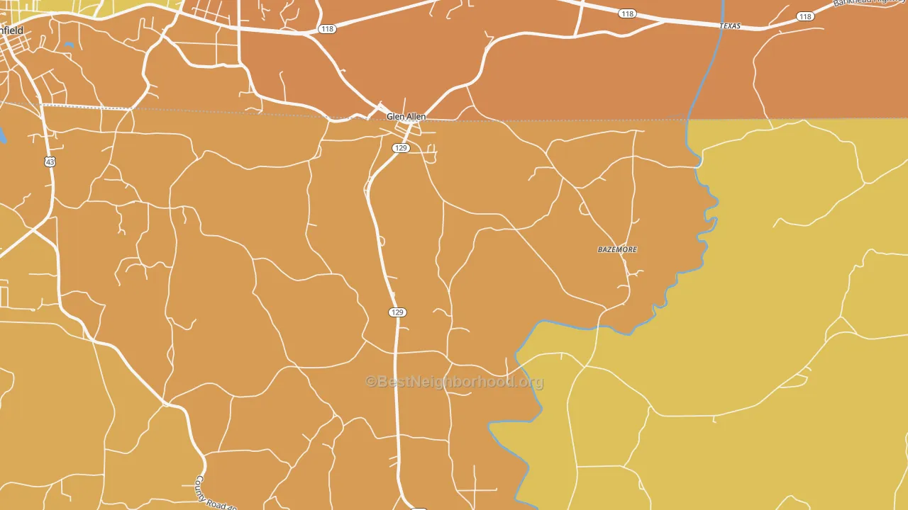 Map of the best neighborhoods in the Glen Allen area, with better matches in green and worse matches in red