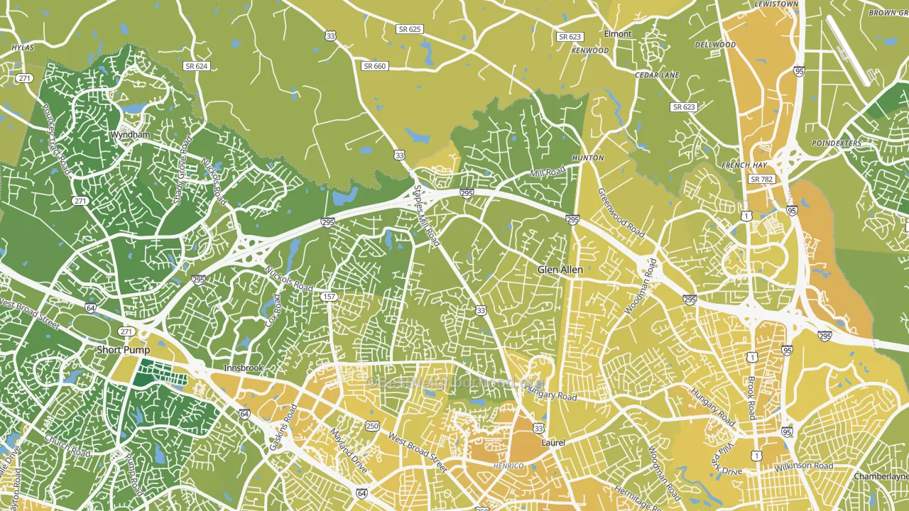 Map of the best neighborhoods in the Glen Allen area, with better matches in green and worse matches in red