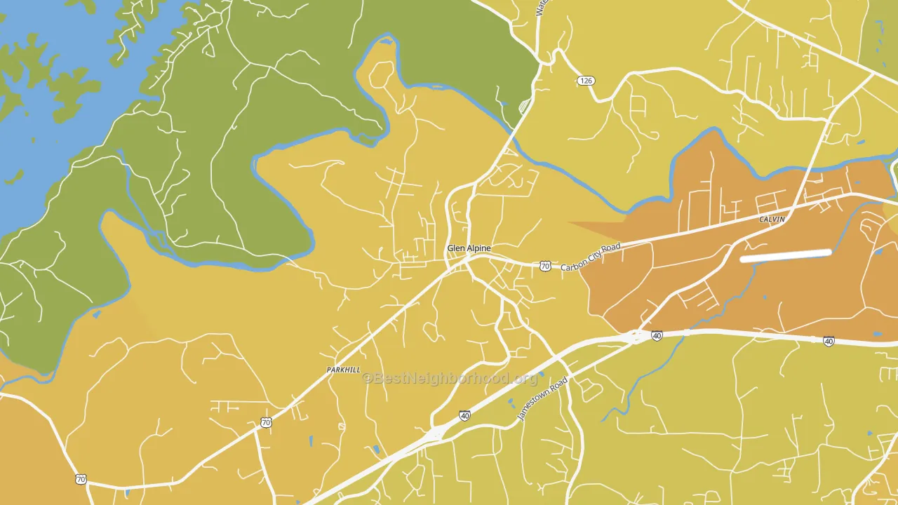 Map of the best neighborhoods in the Glen Alpine area, with better matches in green and worse matches in red