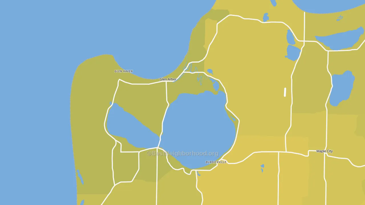 Map of the best neighborhoods in the Glen Arbor area, with better matches in green and worse matches in red