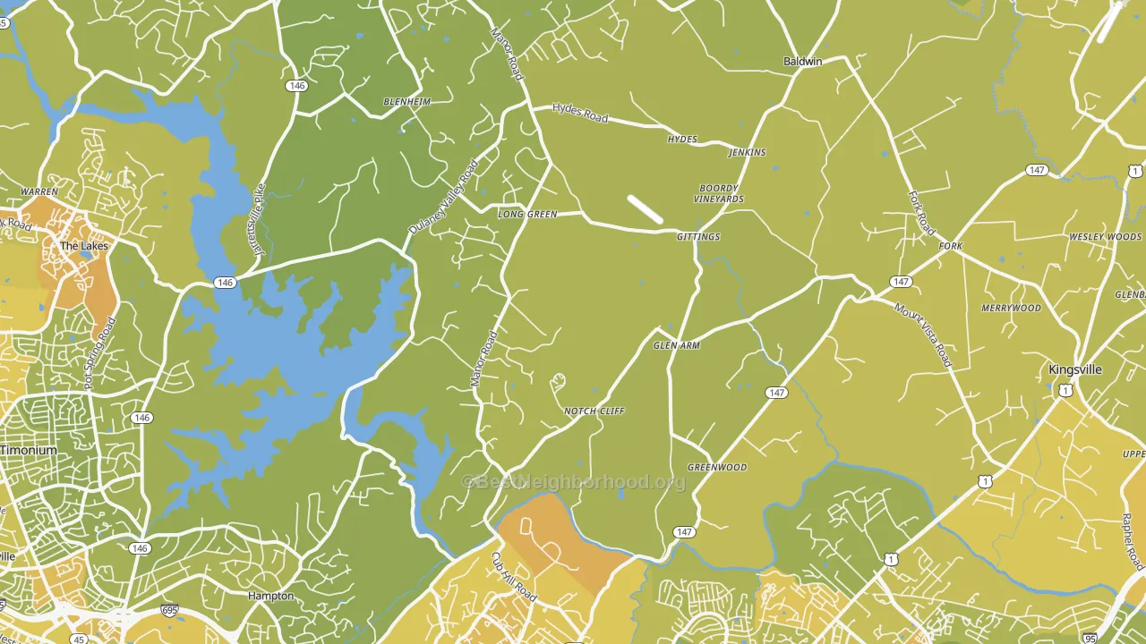 Map of the best neighborhoods in the Glen Arm area, with better matches in green and worse matches in red
