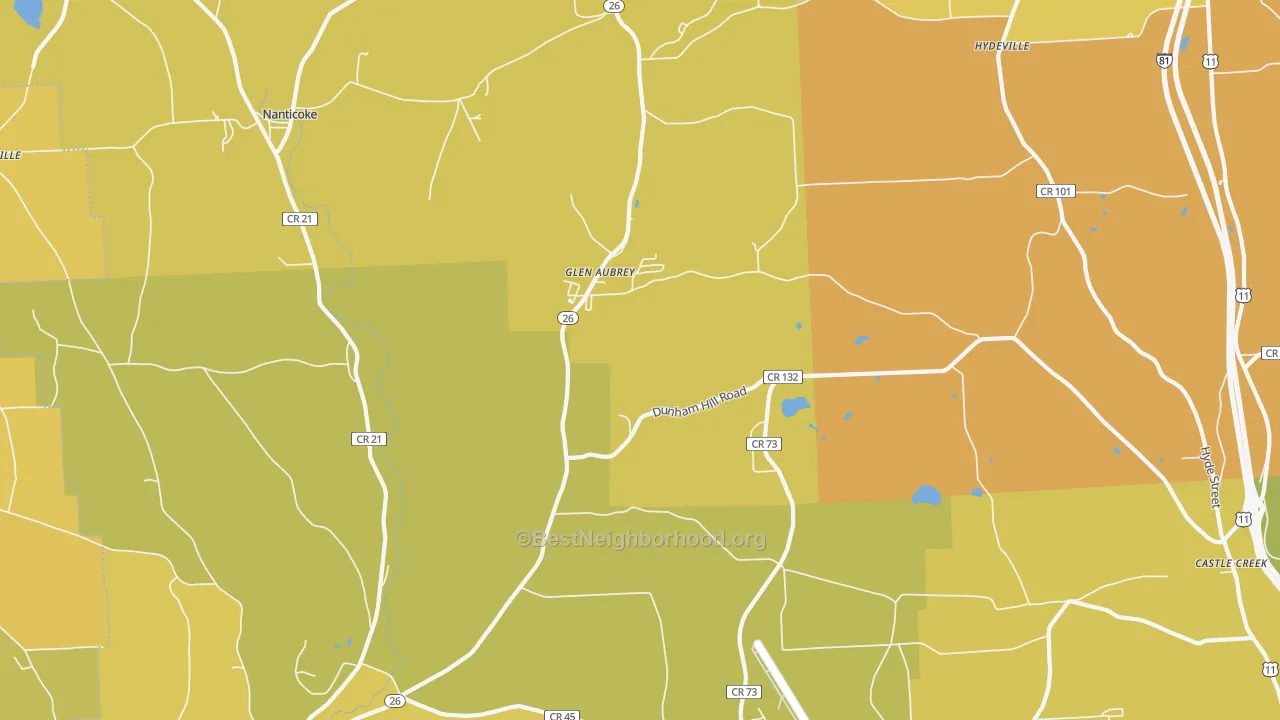 Map of the best neighborhoods in the Glen Aubrey area, with better matches in green and worse matches in red