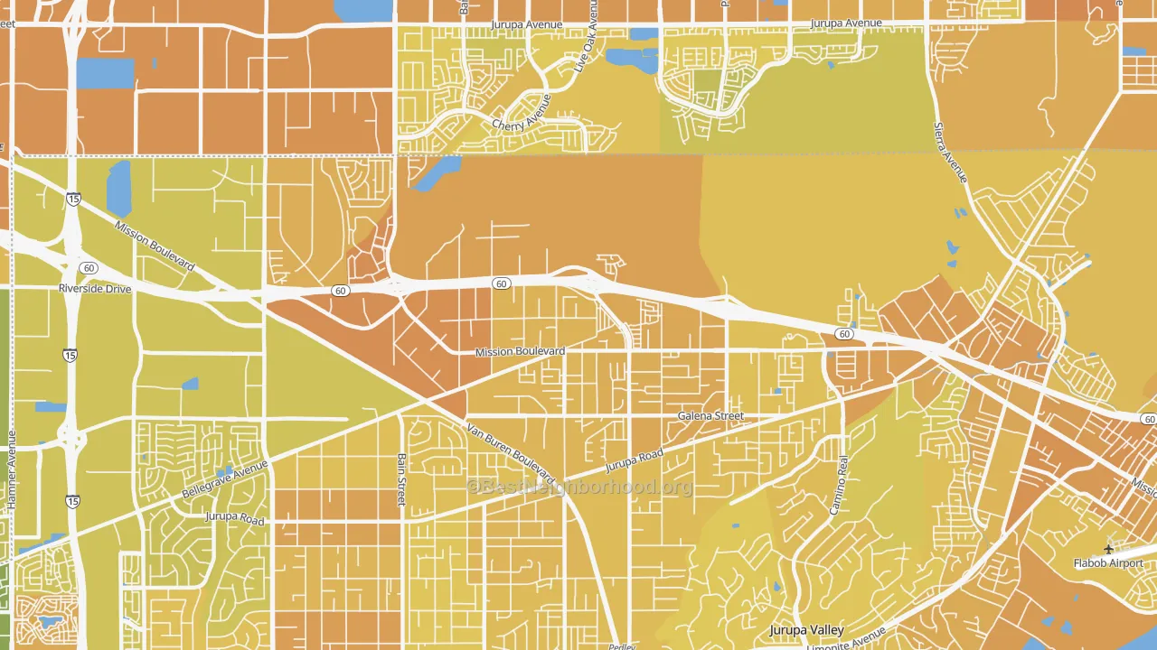 Map of the best neighborhoods in the Glen Avon area, with better matches in green and worse matches in red