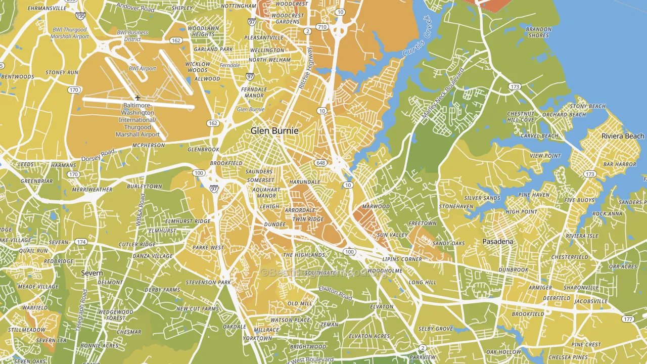 Map of the best neighborhoods in the Glen Burnie area, with better matches in green and worse matches in red