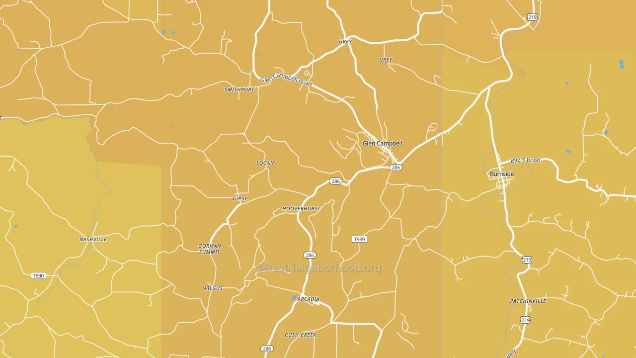 Map of the best neighborhoods in the Glen Campbell area, with better matches in green and worse matches in red